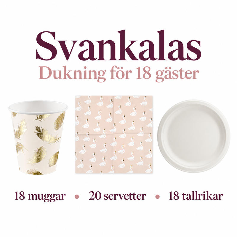 Svankalas, dukningspaket för 18 gäster – innehållsöversikt med text