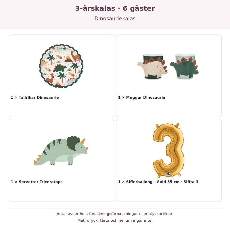 3-årskalas, Dinosauriekalas, kalaspaket, 6 gäster – innehåll och antal förpackningar