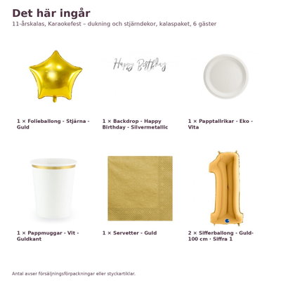 11-årskalas, Karaokefest – dukning och stjärndekor, kalaspaket, 6 gäster – innehåll och antal, sifferballong 100 cm