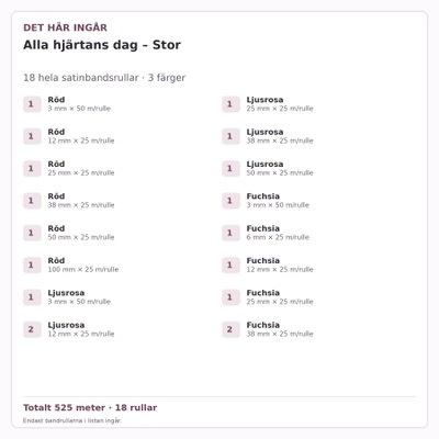 Det här ingår – Satinbandspaket – Alla hjärtans dag – Stor – 18 rullar