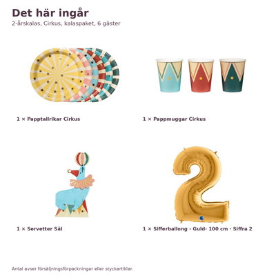 2-årskalas, Cirkus, kalaspaket, 6 gäster – innehåll och antal, sifferballong 100 cm
