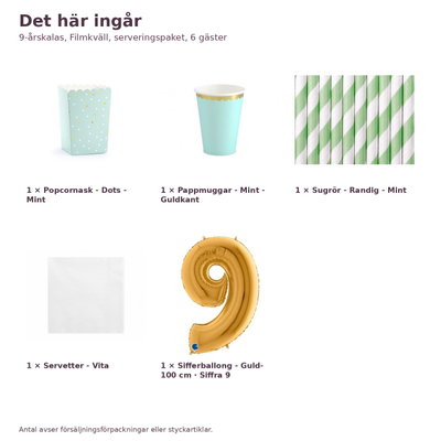 9-årskalas, Filmkväll, serveringspaket, 6 gäster – innehåll och antal, sifferballong 100 cm