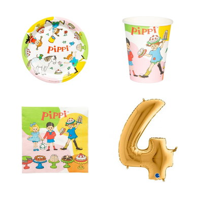 4-årskalas, Pippi Långstrump, kalaspaket, 8 gäster – paketets produkter med sifferballong 100 cm