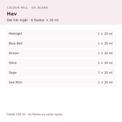 Paketinnehåll: 1 × Midnight 20 ml, 1 × Blue Bell 20 ml, 1 × Ocean 20 ml, 1 × Olive 20 ml, 1 × Sage 20 ml, 1 × Sea Mist 20 ml