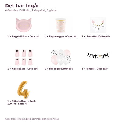 4-årskalas, Kattkalas, kalaspaket, 6 gäster – innehåll och antal, sifferballong 100 cm