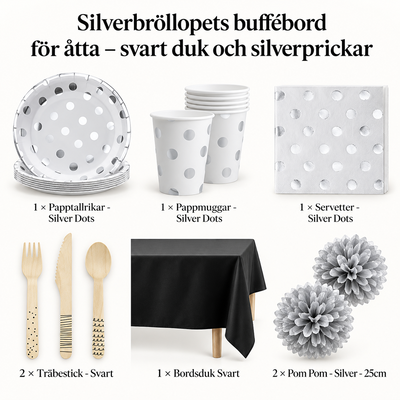Silverbröllopets buffébord för åtta – svart duk och silverprickar – innehåll och antal försäljningsförpackningar