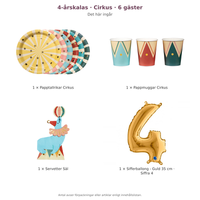 4-årskalas, Cirkus, kalaspaket, 6 gäster – innehåll och antal förpackningar
