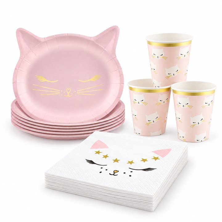 Cute Cat-kalas, dukningspaket, 6 gäster