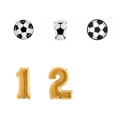 12-årskalas, Fotboll, kalaspaket, 6 gäster – paketets produkter med sifferballong 100 cm