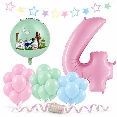 Mumin 4 år – dekorationspaket Pastell – paketets produkter