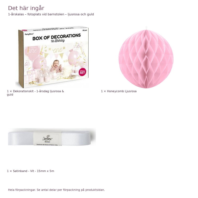 1-årskalas – fotoplats vid barnstolen – ljusrosa och guld – innehåll och antal förpackningar