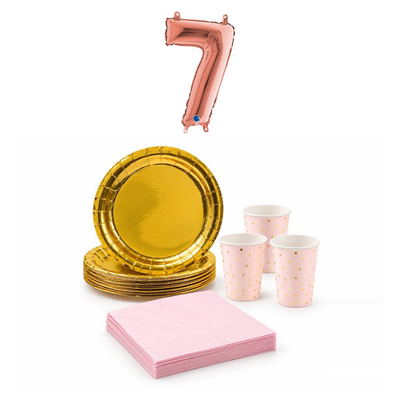 7-årskalas, Rosa och guld, kalaspaket, 6 gäster – sammansatt bild av paketets produkter