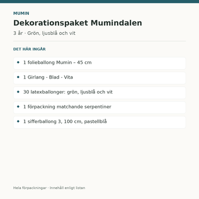 Mumin 3 år – dekorationspaket Mumindalen – innehåll och antal