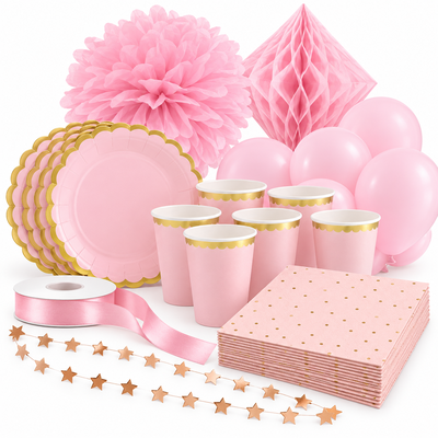 Dop flicka – rosa och guld – fika och dekorationer, 6 gäster – samlat paketinnehåll