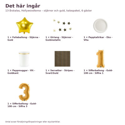 13-årskalas, Hollywoodtema – stjärnor och guld, kalaspaket, 6 gäster – innehåll och antal, sifferballong 100 cm