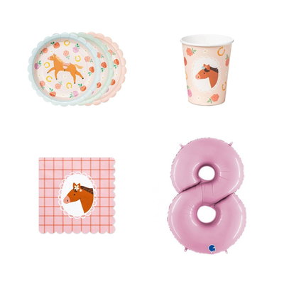 8-årskalas, Hästkalas, kalaspaket, 6 gäster – paketets produkter med sifferballong 100 cm