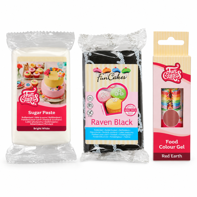 Produktöversikt: Marmorerad fondant i kolsvart och terrakotta