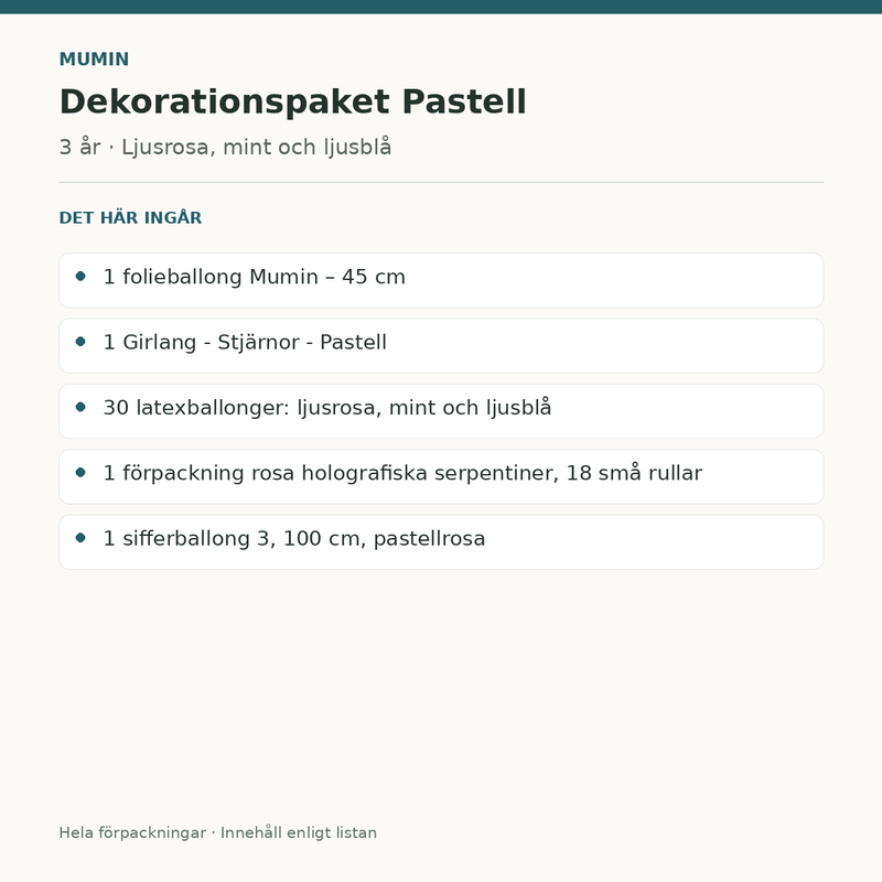 Mumin 3 år – dekorationspaket Pastell – innehåll och antal