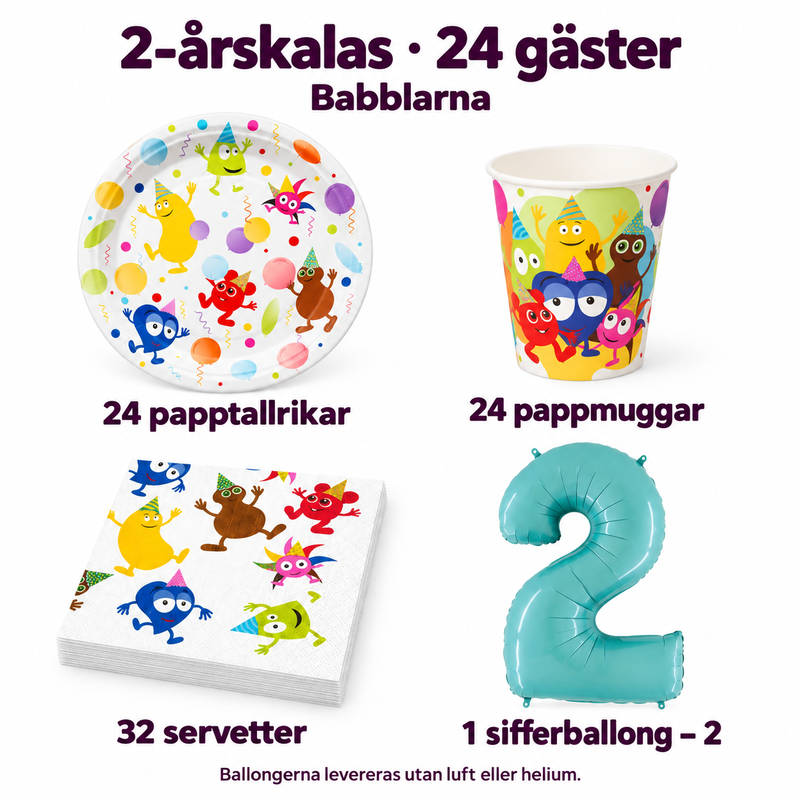 2-årskalas, Babblarna, kalaspaket, 24 gäster – innehåll och antal