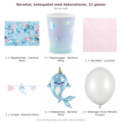 Narwhal, kalaspaket med dekorationer, 12 gäster – innehåll och antal förpackningar