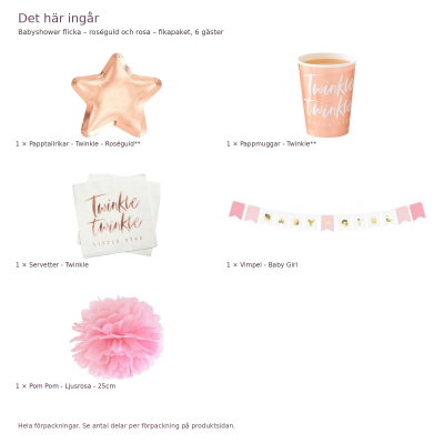 Babyshower flicka – roséguld och rosa – fikapaket, 6 gäster – innehåll och antal förpackningar