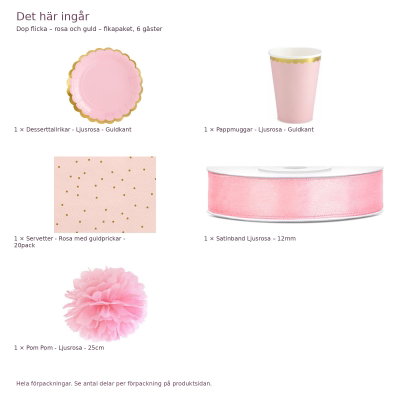 Dop flicka – rosa och guld – fikapaket, 6 gäster – innehåll och antal förpackningar