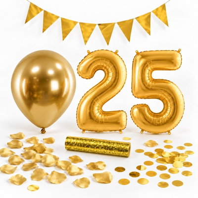 25-års festpaket, Guld, Stor – paketets dekorationer på vit bakgrund