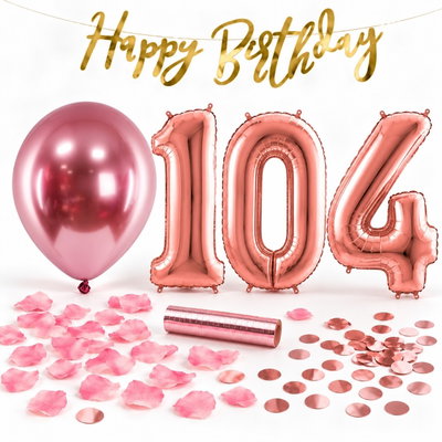 104-års festpaket, Roséguld, Stor – paketets dekorationer på vit bakgrund