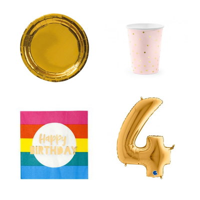 4-årskalas, Regnbåge, kalaspaket, 6 gäster – paketets produkter med sifferballong 100 cm