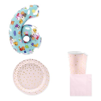 Greta Gris – 6-årskalas – rosa dukning och ballong, 6 gäster