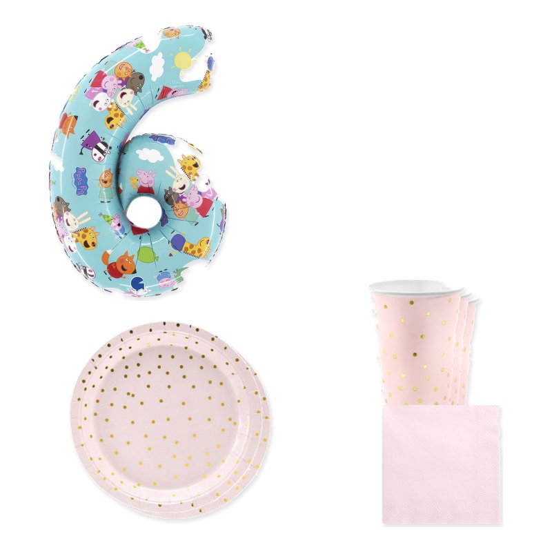 Greta Gris – 6-årskalas – rosa dukning och ballong, 6 gäster