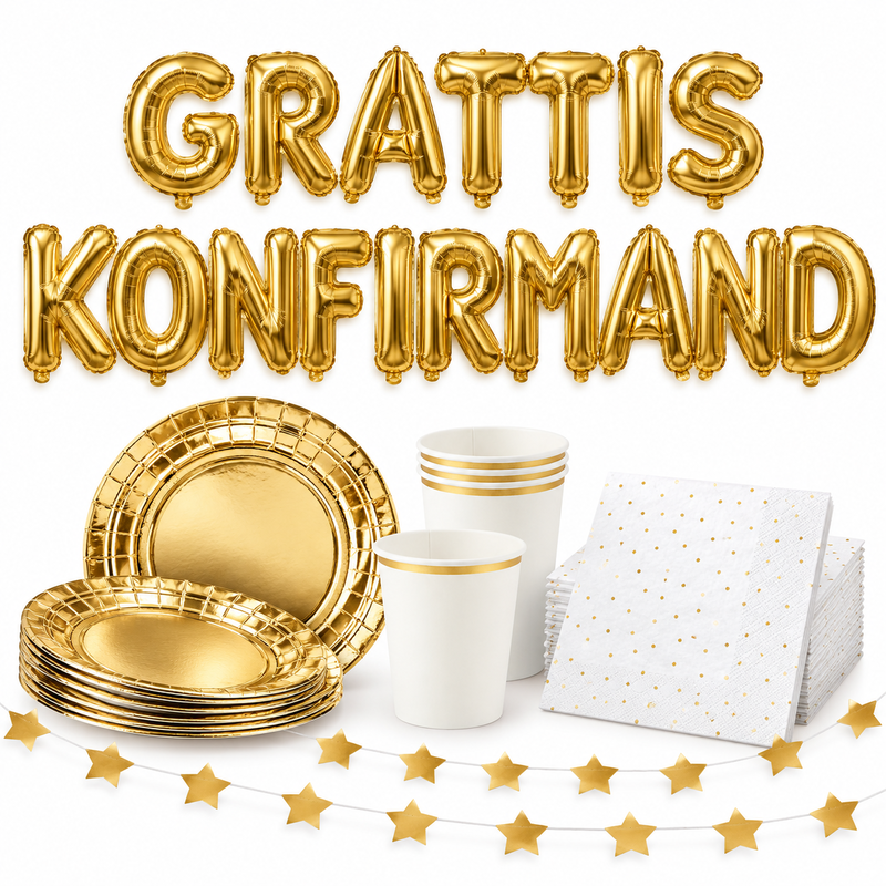 GRATTIS KONFIRMAND, 35 cm guld bokstavsballonger med guld dukning