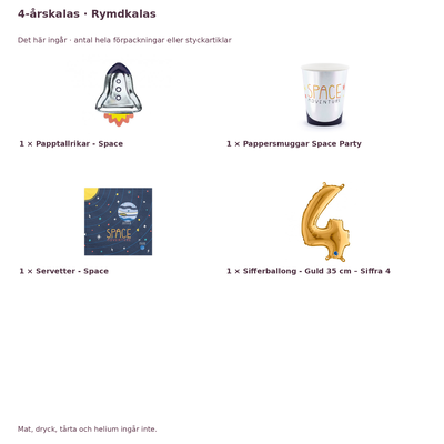 4-årskalas, Rymdkalas, kalaspaket, 6 gäster – innehåll och antal förpackningar