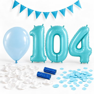 104-års festpaket, Blått, Stor – paketets dekorationer på vit bakgrund