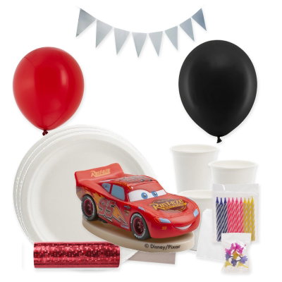 Cars – kalaspaket med Blixten McQueen och röd/svart dukning för 24 gäster – samlad paketbild