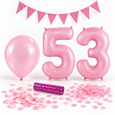 53-års festpaket, Rosa, Stor – paketets dekorationer på vit bakgrund