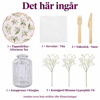 Det här ingår i Vårens afternoon tea för åtta – blommiga tallrikar och tre vaser