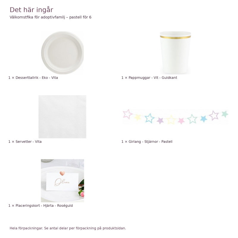 Välkomstfika för adoptivfamilj – pastell för 6 – exakt innehåll och antal förpackningar