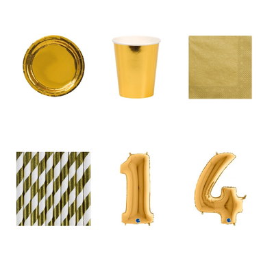 14-årskalas, Guld, kalaspaket, 8 gäster – paketets produkter med sifferballong 100 cm