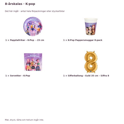 8-årskalas, K-pop, kalaspaket, 8 gäster – innehåll och antal förpackningar
