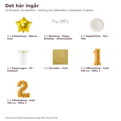 12-årskalas, Karaokefest – dukning och stjärndekor, kalaspaket, 6 gäster – innehåll och antal, sifferballong 100 cm