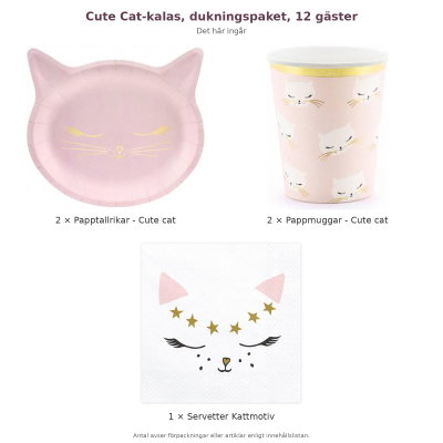 Cute Cat-kalas, dukningspaket, 12 gäster – innehåll och antal förpackningar