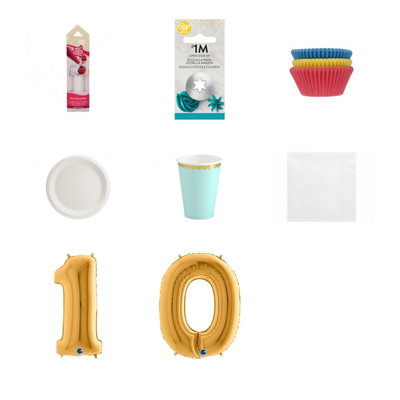 10-årskalas, Bakkalas – dekorera cupcakes, kalaspaket, 6 gäster – paketets produkter med sifferballong 100 cm