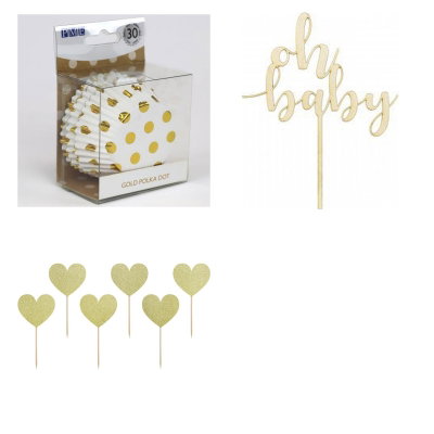Babyshower – tårtbordspaket – guld – samlad produktbild på vit bakgrund