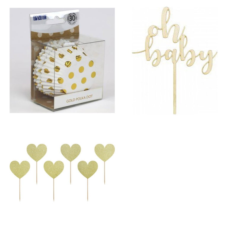 Babyshower – tårtbordspaket – guld – samlad produktbild på vit bakgrund