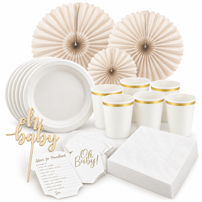 Babyshower – beige och vitt – dukning och minnen, 6 gäster – samlat paketinnehåll