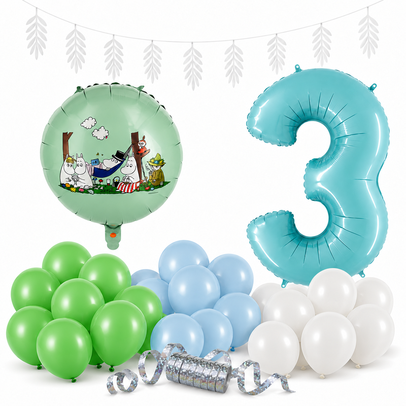 Mumin 3 år – dekorationspaket Mumindalen – paketets produkter