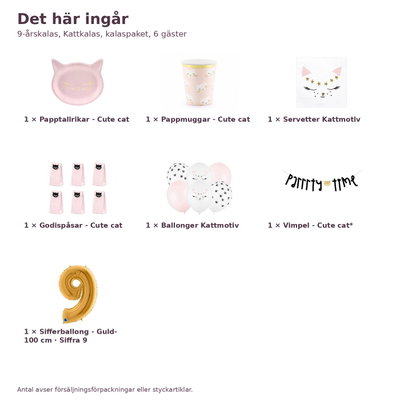 9-årskalas, Kattkalas, kalaspaket, 6 gäster – innehåll och antal, sifferballong 100 cm