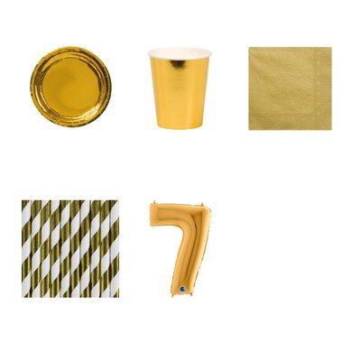 7-årskalas, Guld, kalaspaket, 8 gäster – paketets produkter med sifferballong 100 cm