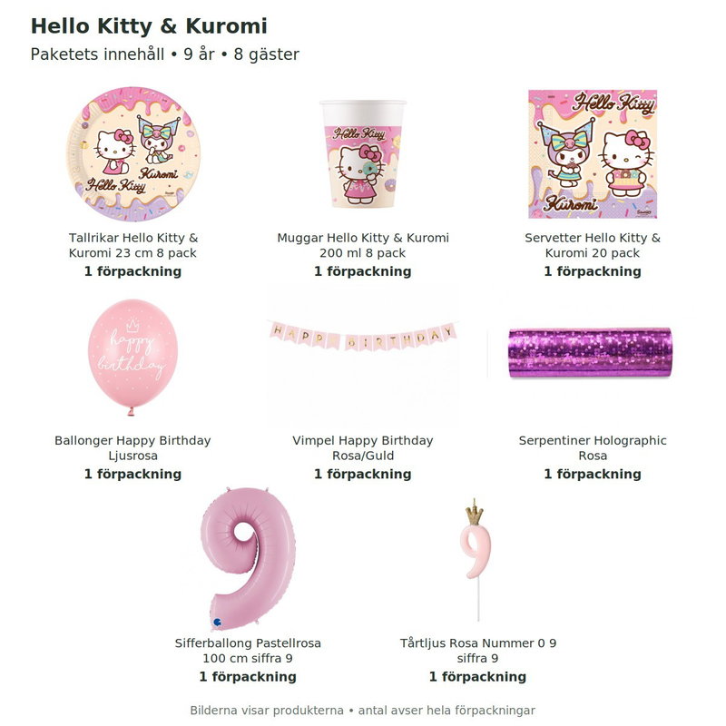 Hello Kitty & Kuromi – 9-årskalas – kalaspaket för 8 gäster – innehåll och antal